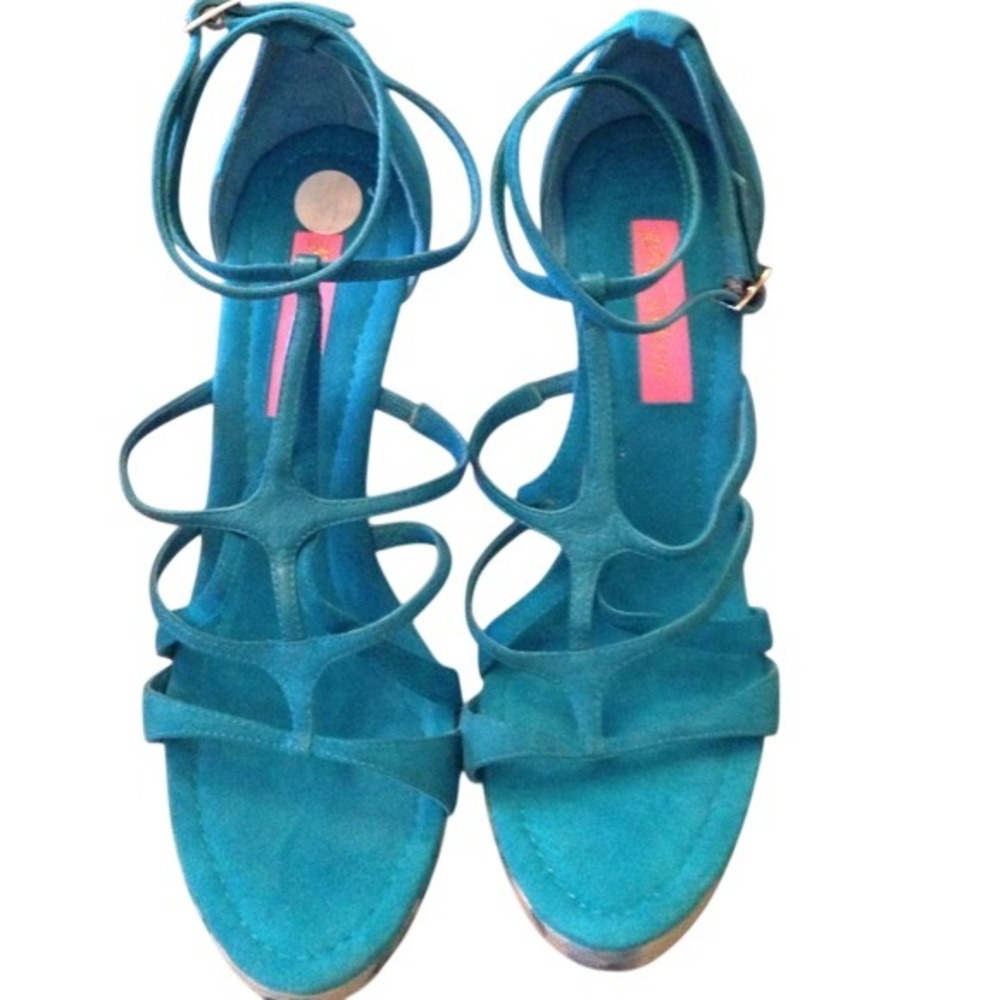 Betsey Johnson Strappy Sandals Women Teal Excellent Floral Platform Stiletto - Picture 2 of 4